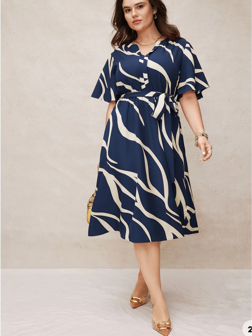 Bloomchic Women’s Size 12 Geometric Surplice Neck Tie Knot Midi Dress